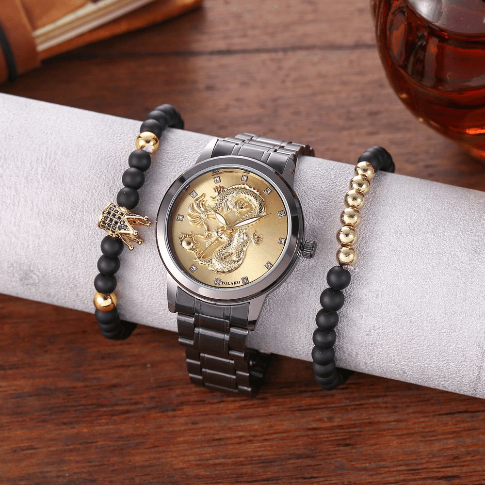 Legering Rvs Draak Patroon Heren Zakelijk Horloge Versierd Pointer Quartz Horloge Armband: