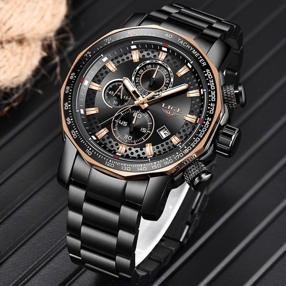 Lige 9902 Multifunctionele Chronograaf Mode Heren Polshorloge Waterdicht Stalen Kast Quartz Horloge