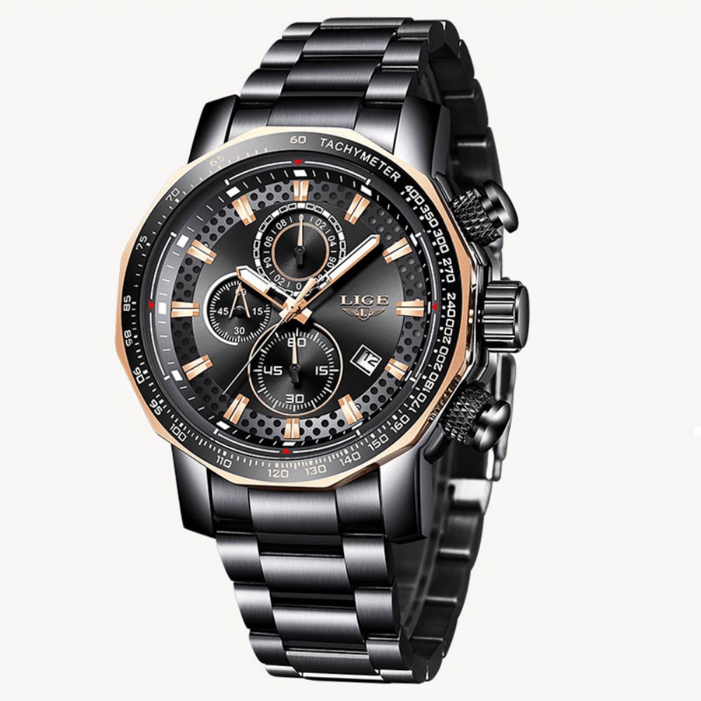 Lige 9902 Multifunctionele Chronograaf Mode Heren Polshorloge Waterdicht Stalen Kast Quartz Horloge