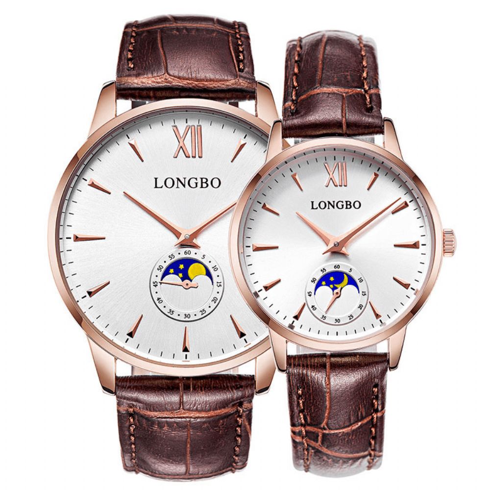 Longbo 5008 De Zon De Maan De Sterren Lederen Band Waterdicht Heren Dames Quartz Horloge