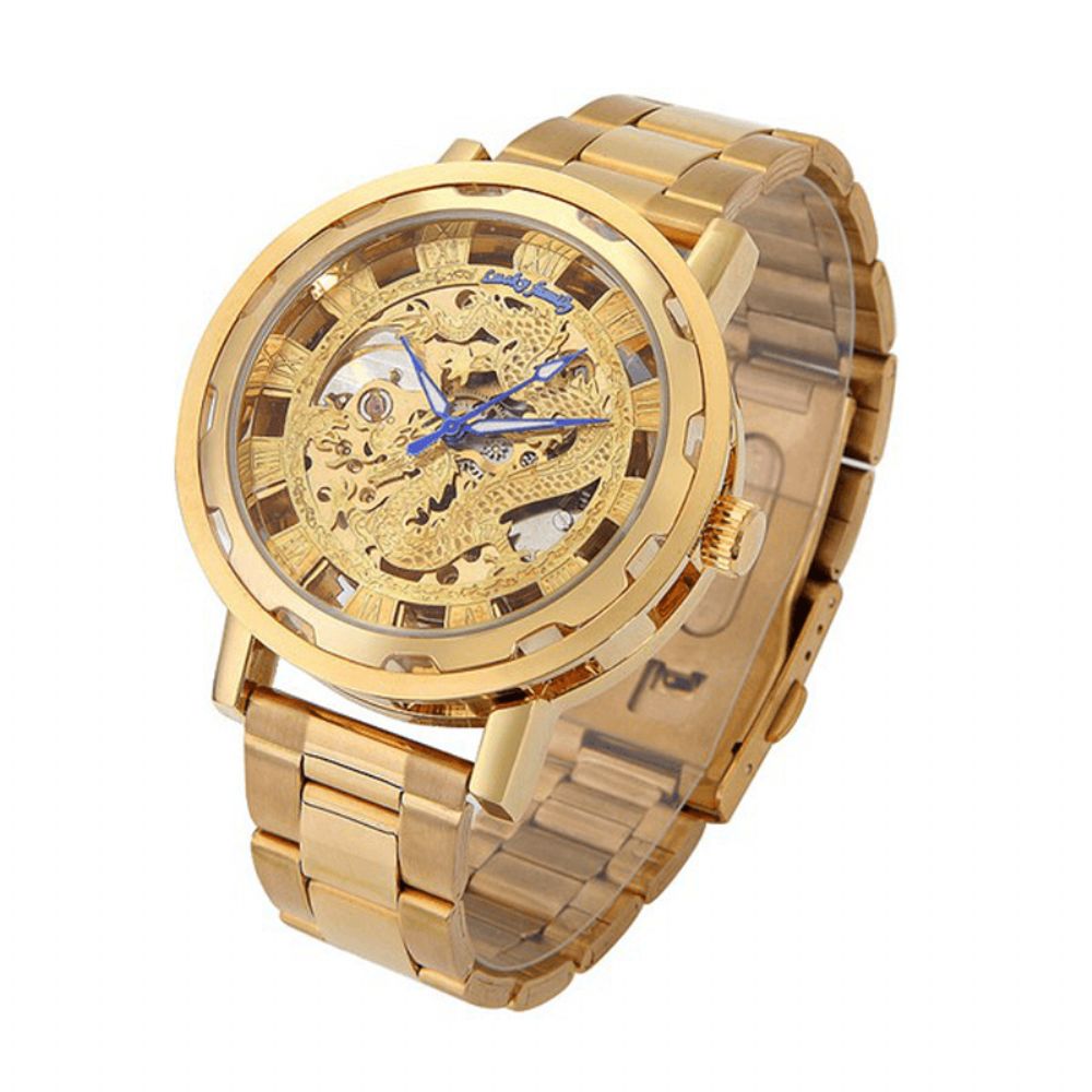 Luckyfamily Luxe Hollow Chinese Draak Automatisch Mechanisch Horloge Analoog Herenhorloge