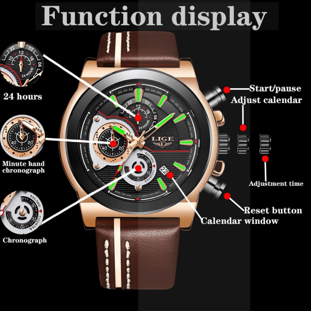 Luik Lg8901 Casual Sport Datumweergave Heren Polshorloge Lichtgevende Display Lederen Band Quartz Horloge