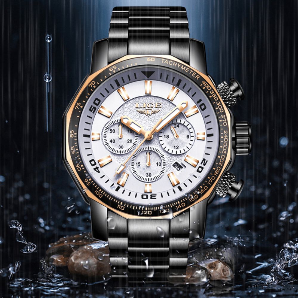 Luik Lg9871 Luxe Zakelijke Stijl Datumweergave Lichtgevende Wijzers Waterdicht Roestvrij Stalen Band Heren Quartz Polshorloge