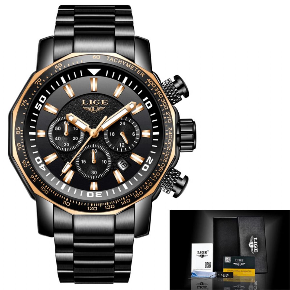 Luik Lg9871 Luxe Zakelijke Stijl Datumweergave Lichtgevende Wijzers Waterdicht Roestvrij Stalen Band Heren Quartz Polshorloge