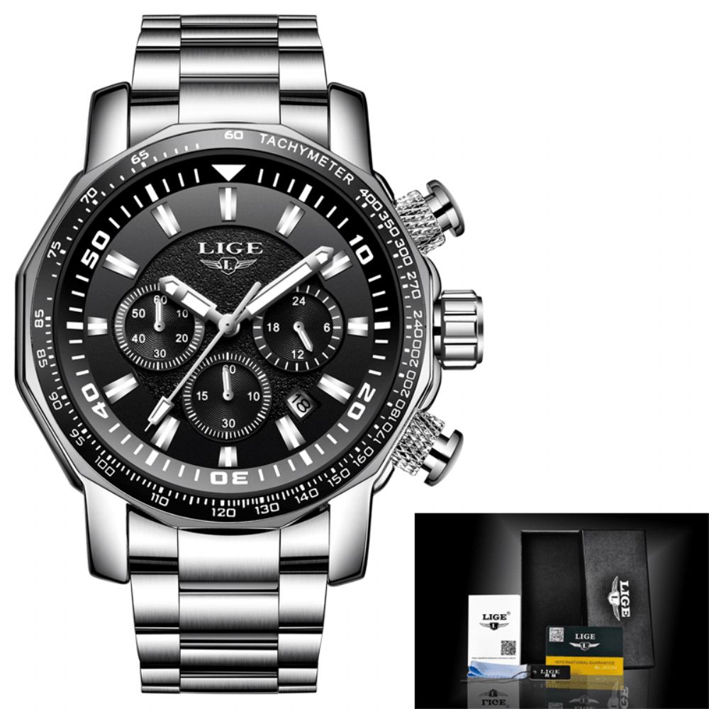 Luik Lg9871 Luxe Zakelijke Stijl Datumweergave Lichtgevende Wijzers Waterdicht Roestvrij Stalen Band Heren Quartz Polshorloge