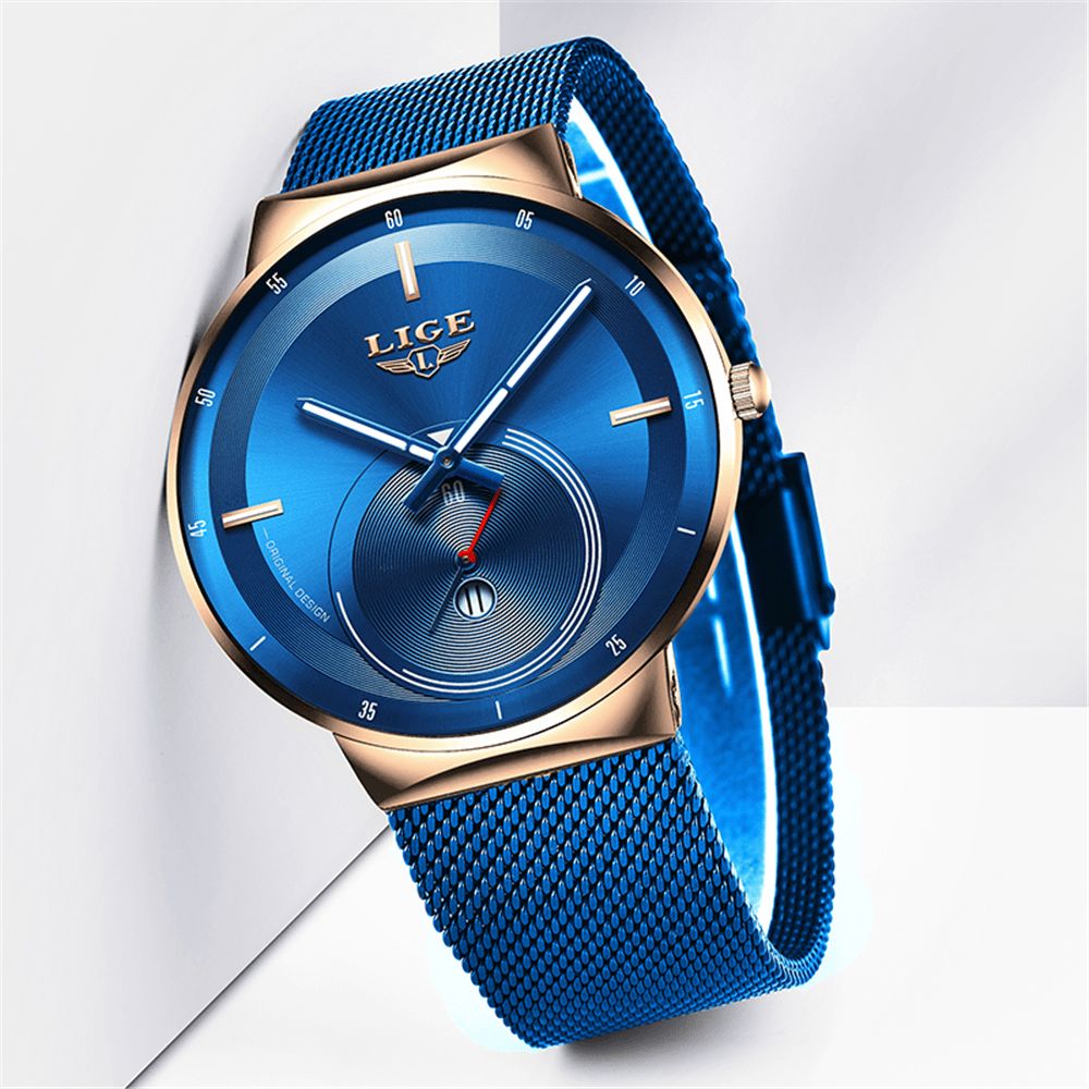 Luik Lg9993 Mode Luxe 3Atm Waterdicht Lichtgevende Wijzers Roestvrij Stalen Mesh Band Heren Quartz Horloge