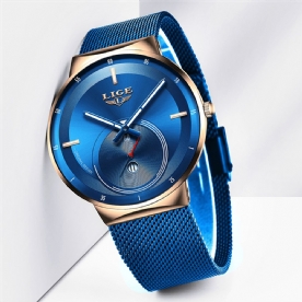 Luik Lg9993 Mode Luxe 3Atm Waterdicht Lichtgevende Wijzers Roestvrij Stalen Mesh Band Heren Quartz Horloge