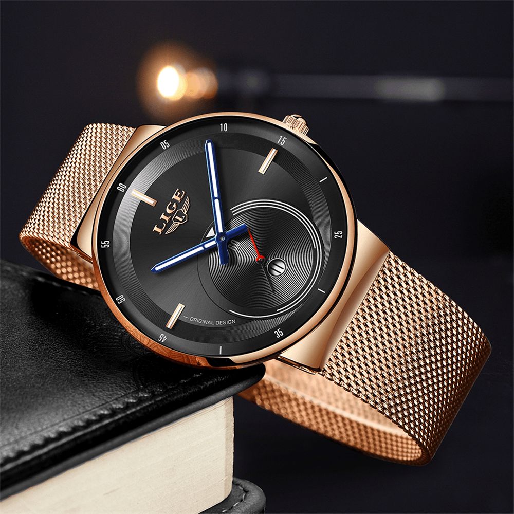 Luik Lg9993 Mode Luxe 3Atm Waterdicht Lichtgevende Wijzers Roestvrij Stalen Mesh Band Heren Quartz Horloge