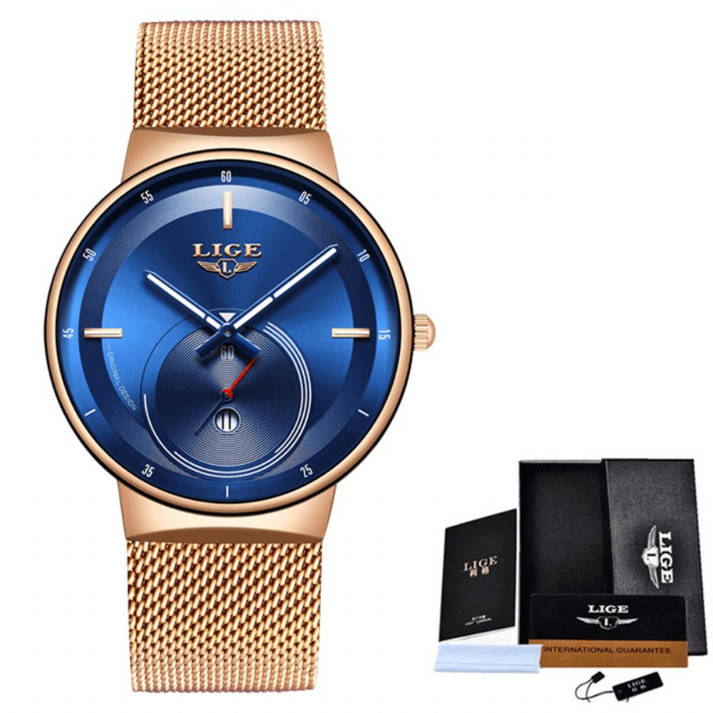 Luik Lg9993 Mode Luxe 3Atm Waterdicht Lichtgevende Wijzers Roestvrij Stalen Mesh Band Heren Quartz Horloge