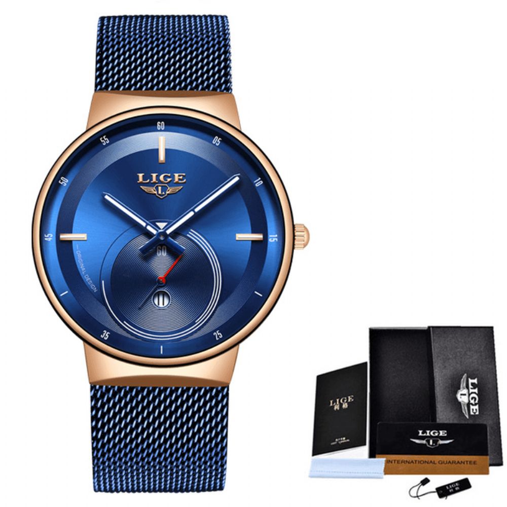 Luik Lg9993 Mode Luxe 3Atm Waterdicht Lichtgevende Wijzers Roestvrij Stalen Mesh Band Heren Quartz Horloge