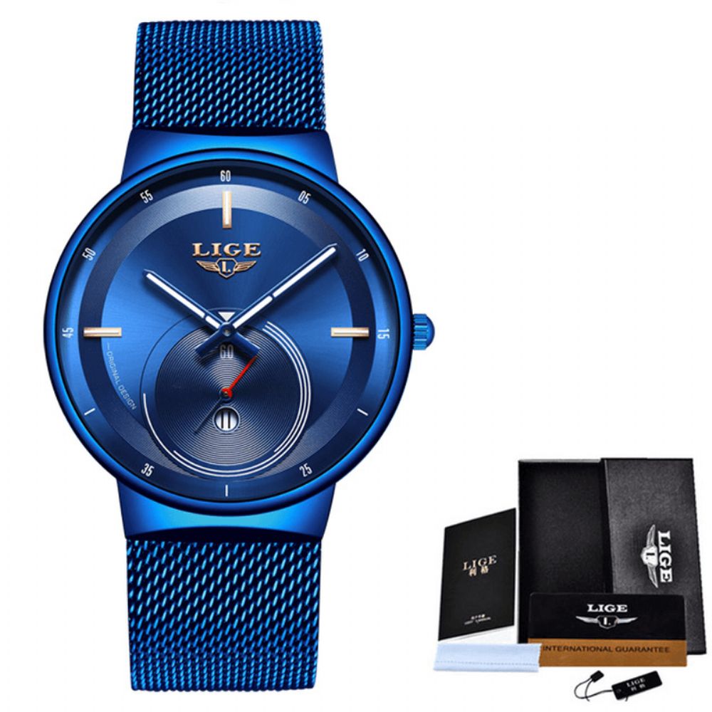 Luik Lg9993 Mode Luxe 3Atm Waterdicht Lichtgevende Wijzers Roestvrij Stalen Mesh Band Heren Quartz Horloge