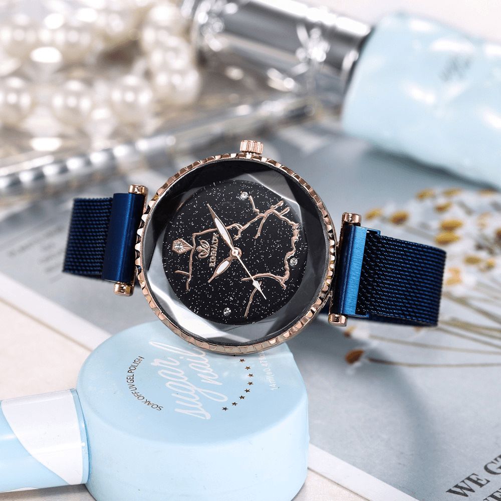 Luxe Eenvoudige Sterrenhemel Quartz Horloge Kristal Dame Jurk Mode Vrouwen Horloge: