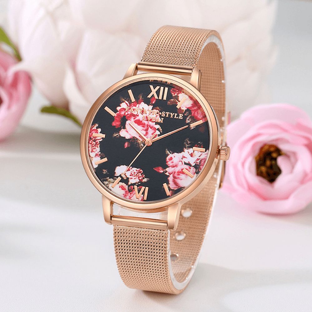 Lvpai Mesh Stalen Band Casual Stijl Dames Polshorloge Bloem Elegant Design Quartz Horloge