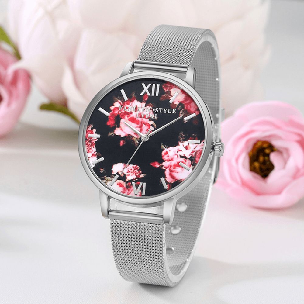 Lvpai Mesh Stalen Band Casual Stijl Dames Polshorloge Bloem Elegant Design Quartz Horloge