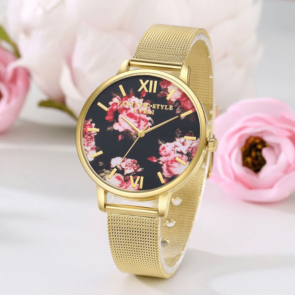 Lvpai Mesh Stalen Band Casual Stijl Dames Polshorloge Bloem Elegant Design Quartz Horloge