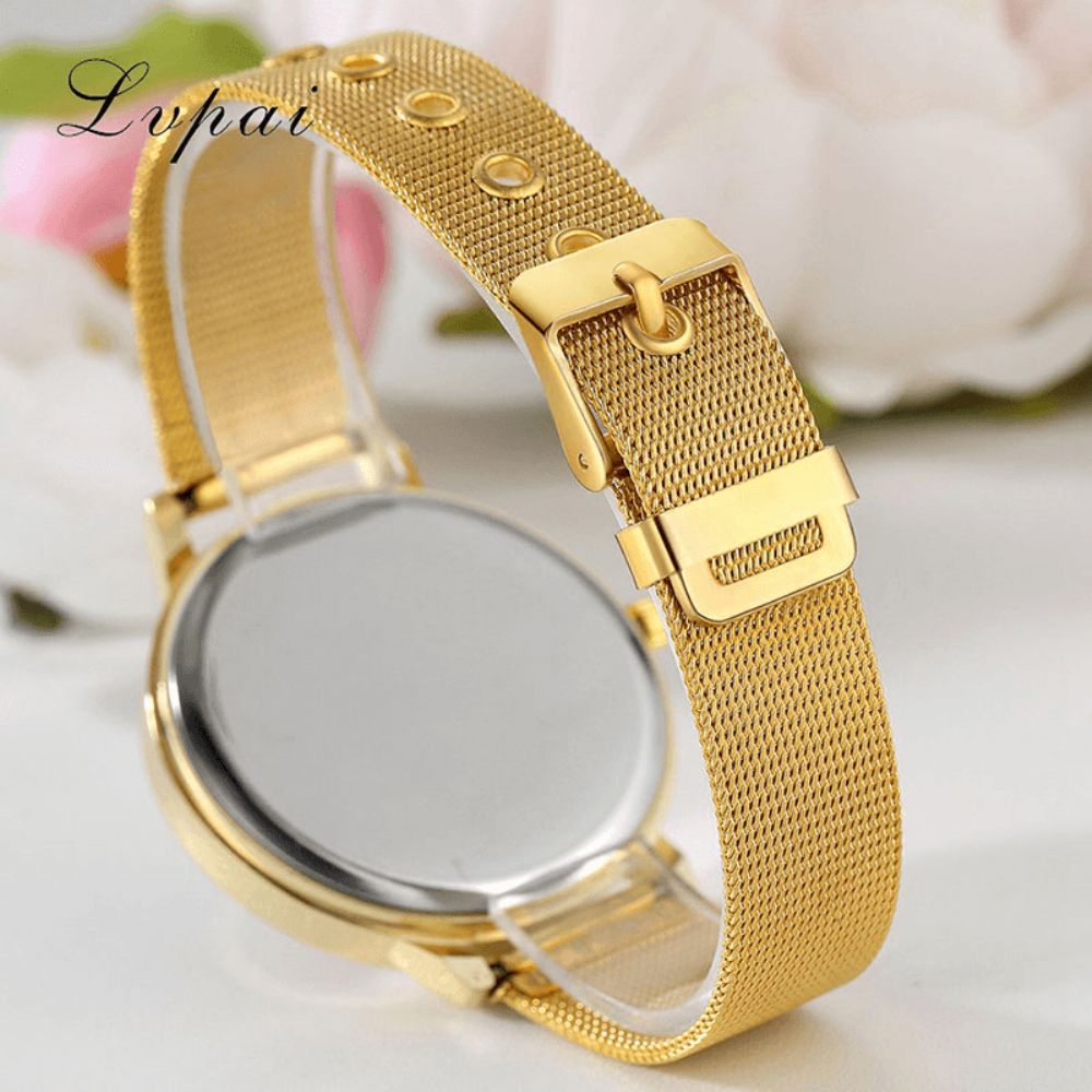 Lvpai Mesh Stalen Band Casual Stijl Dames Polshorloge Bloem Elegant Design Quartz Horloge