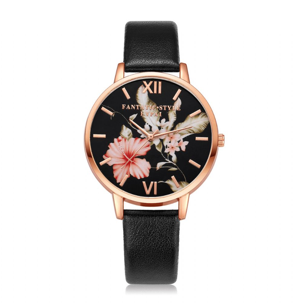 Lvpai Mode Bloempatroon Pu Lederen Band Damespolshorloge Dames Jurk Quartz Horloge