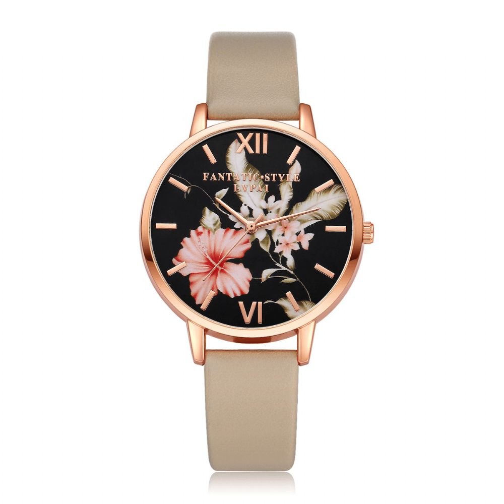 Lvpai Mode Bloempatroon Pu Lederen Band Damespolshorloge Dames Jurk Quartz Horloge