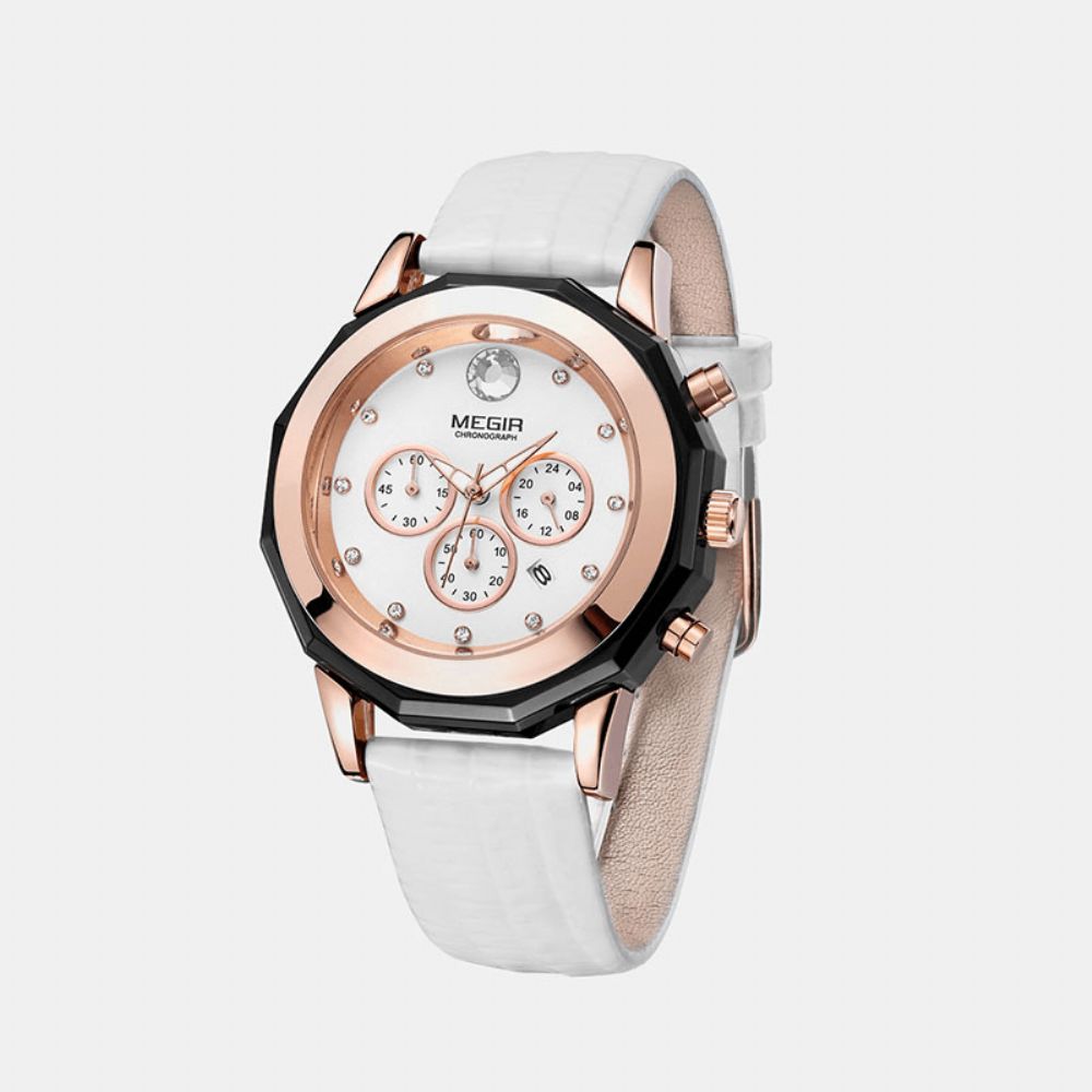 Megir 2042L Mode-Stijl Crystal Dial Datumweergave Waterdicht Lederen Band Dames Quartz Horloge