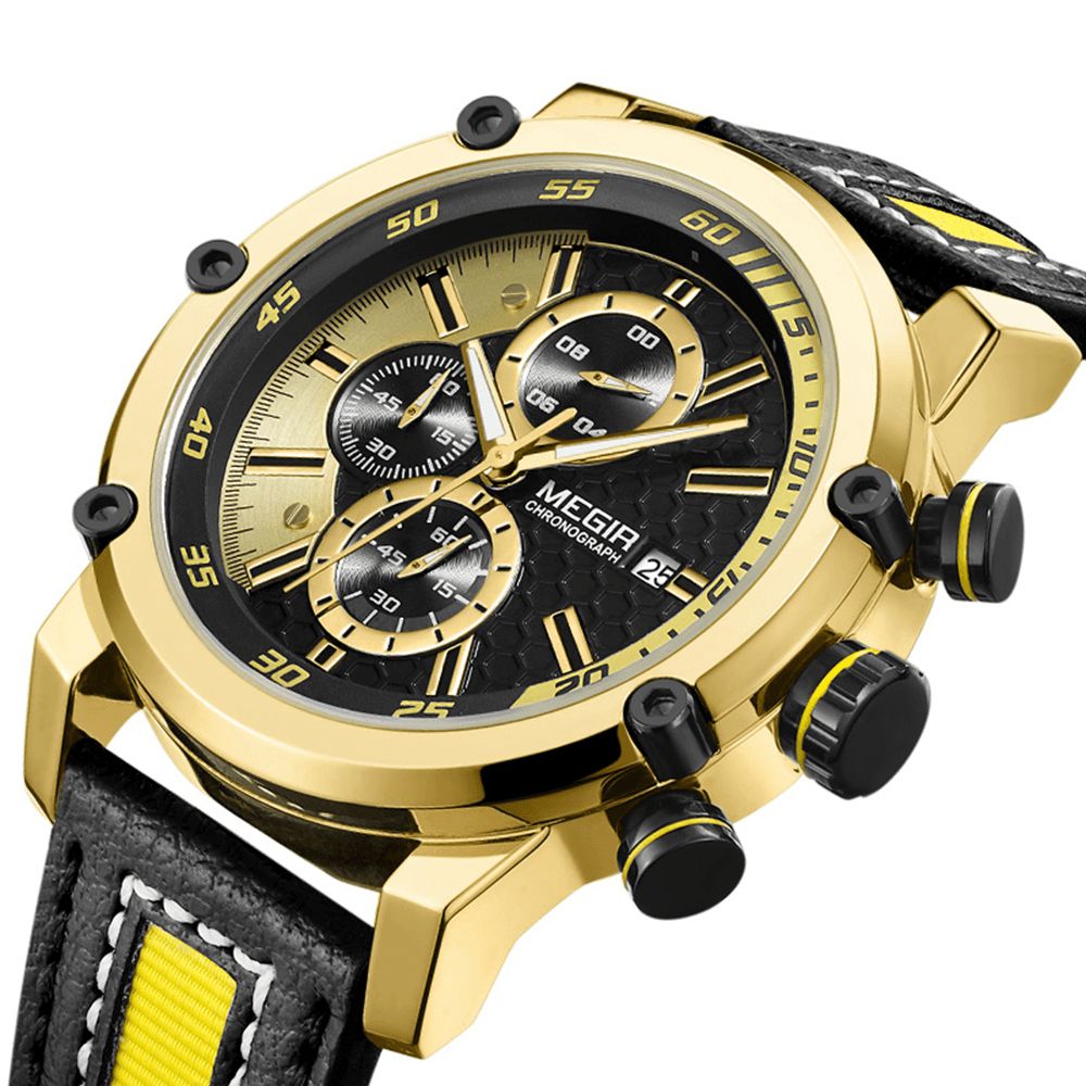 Megir 2079 Chronograaf Sport Herenhorloge Datumweergave Lederen Band Quartz Horloges