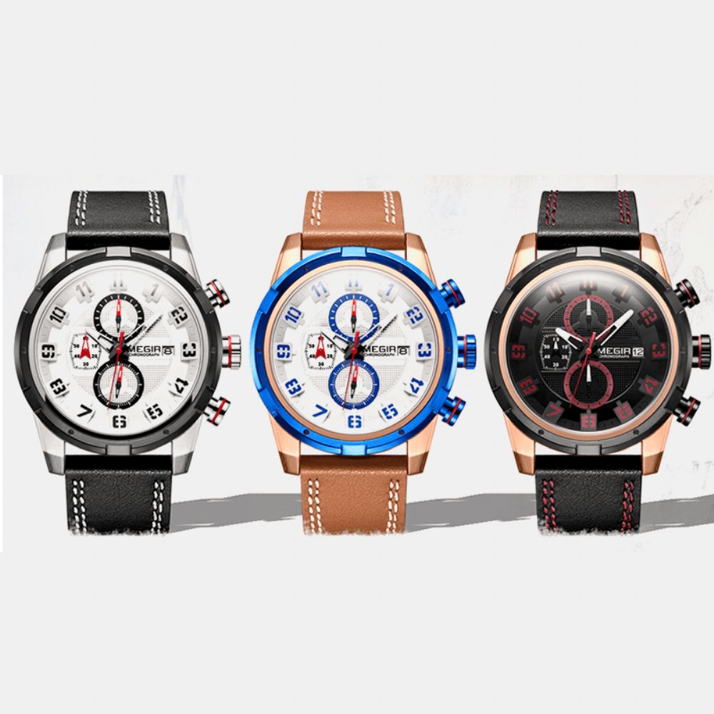 Megir 2082G Multifunctionele 3D Dial Display Sport Heren Polshorloge Lederen Band Quartz Horloge