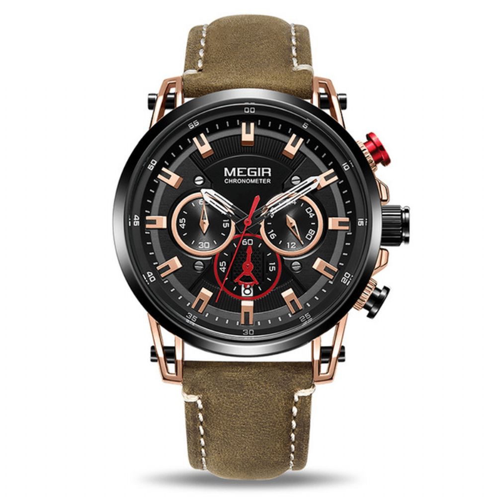 Megir 2085 Militaire Stijl Datum Chronograaf Multifunctionele Quartz Horloge Mode Heren Polshorloge