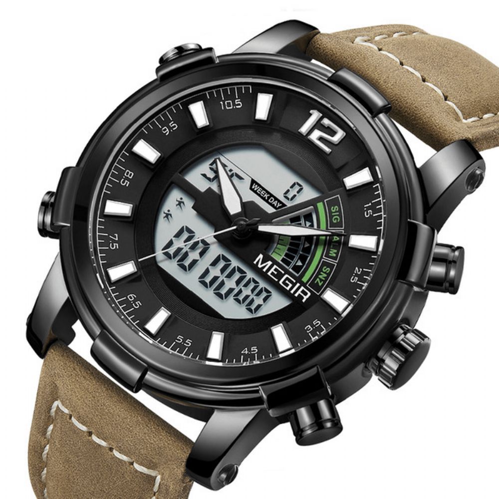 Megir 2089 Militaire Sport Stijl Led Chronograaf Lichtgevende Dual Display Digitaal Horloge Lederen Heren Polshorloge