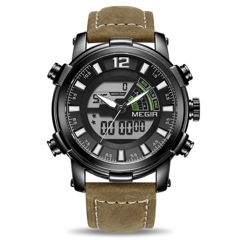 Megir 2089 Militaire Sport Stijl Led Chronograaf Lichtgevende Dual Display Digitaal Horloge Lederen Heren Polshorloge