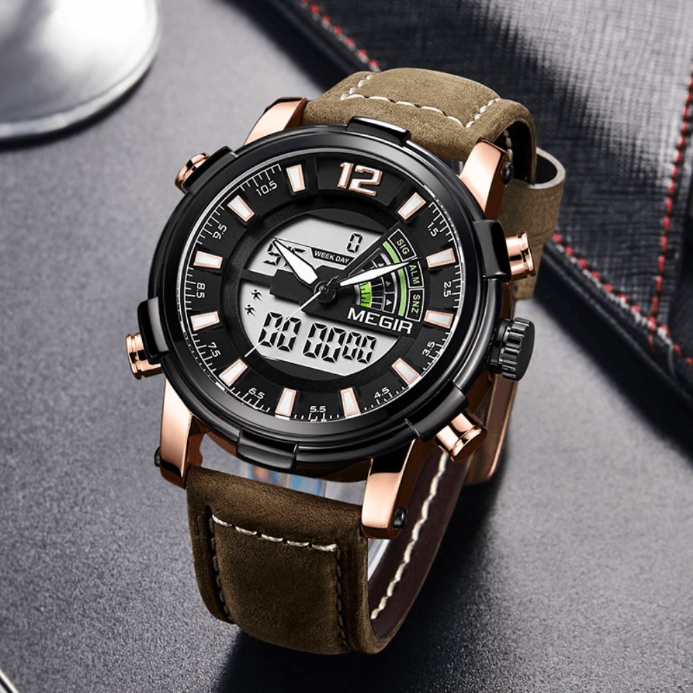 Megir 2089 Militaire Sport Stijl Led Chronograaf Lichtgevende Dual Display Digitaal Horloge Lederen Heren Polshorloge