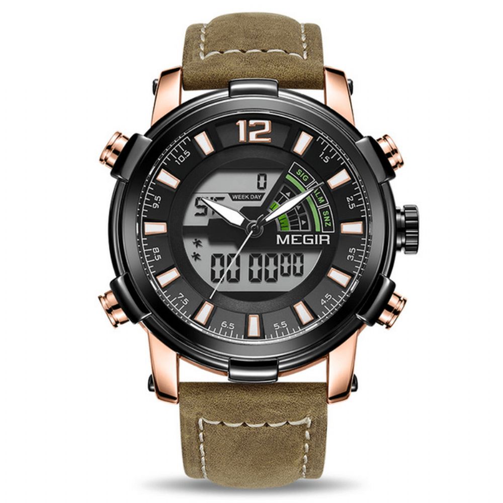 Megir 2089 Militaire Sport Stijl Led Chronograaf Lichtgevende Dual Display Digitaal Horloge Lederen Heren Polshorloge