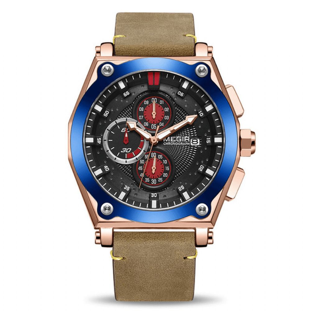 Megir 2098 Sport Chronograaf Datum Waterdicht Quartz Horloge Lederen Band Heren Polshorloge