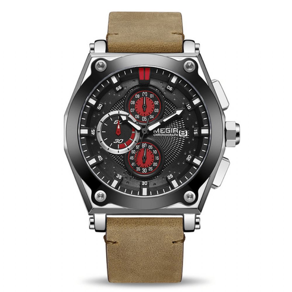 Megir 2098 Sport Chronograaf Datum Waterdicht Quartz Horloge Lederen Band Heren Polshorloge