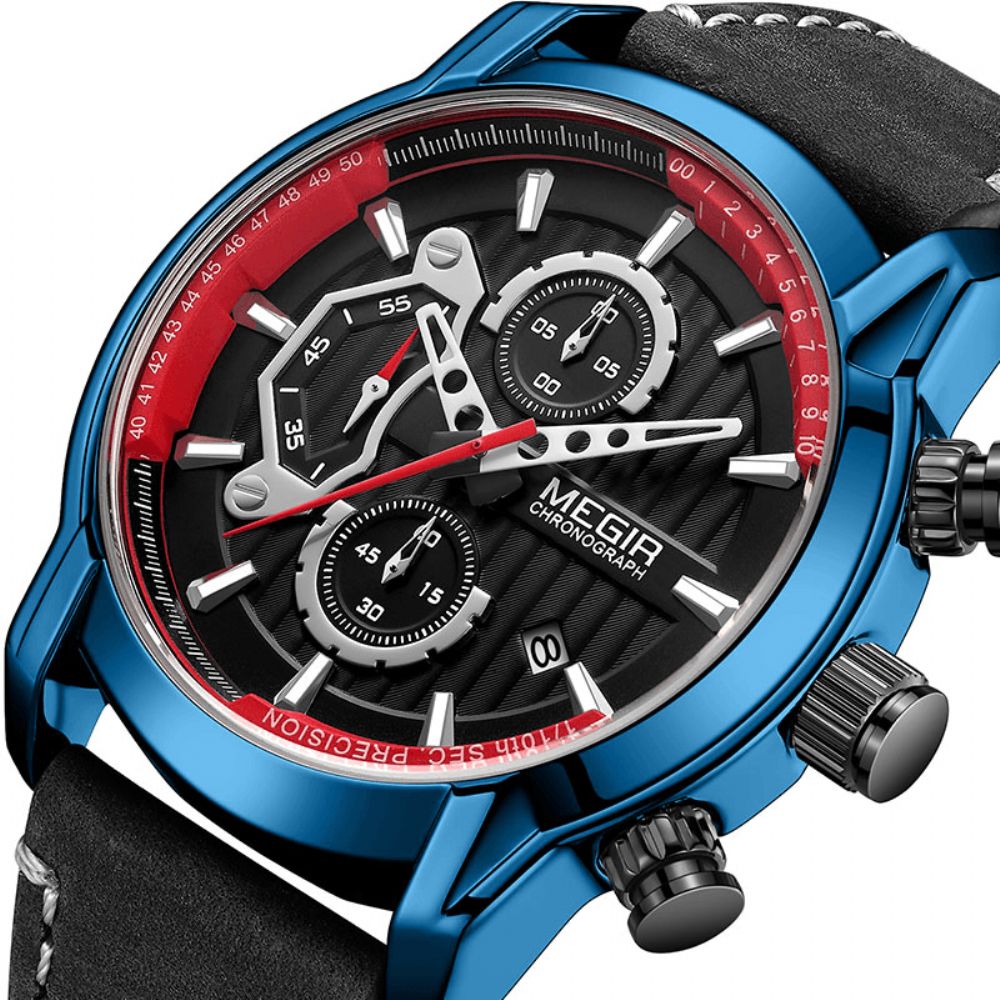 Megir 2104 Sport Herenhorloge Waterdicht Lichtgevende Datumweergave Chronograaf Lederen Band Quartz Horloge