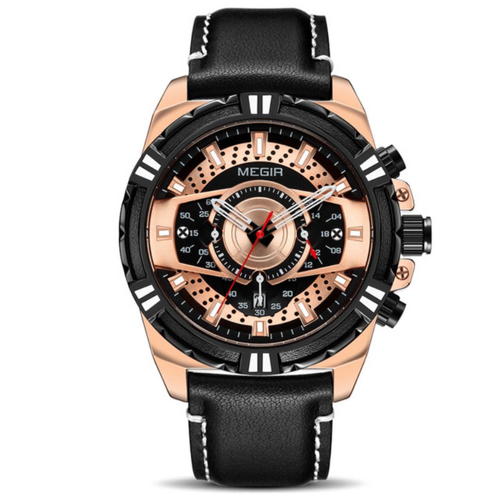 Megir 2118 Sportstijl Complete Kalender Chronograaf Waterdicht Lederen Quartz Horloge Heren Polshorloge