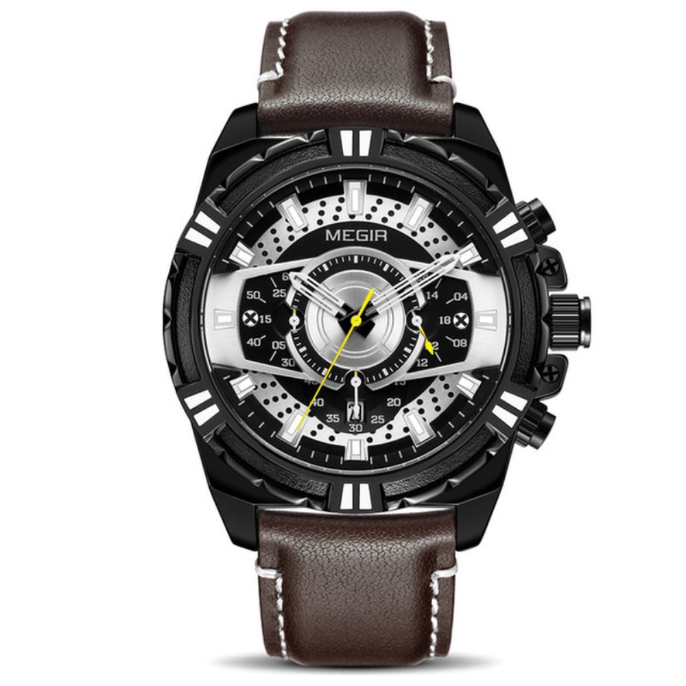 Megir 2118 Sportstijl Complete Kalender Chronograaf Waterdicht Lederen Quartz Horloge Heren Polshorloge