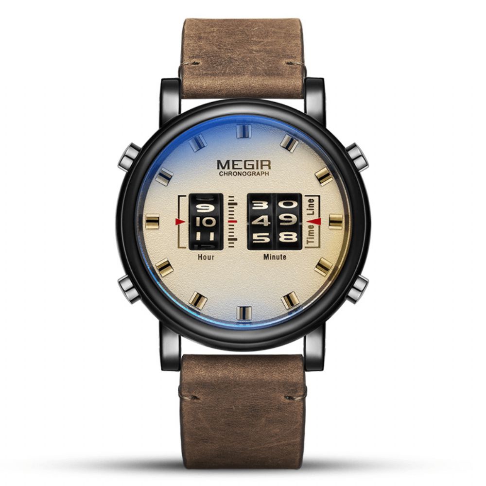 Megir 2137 Zakelijke Stijl Lederen Band Heren Polshorloge Uniek Design Quartz Horloges