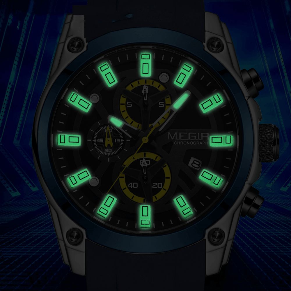 Megir 2144 Casual Sport Herenhorloge Chronograaf Lichtgevende Functie Kalender Siliconen Band 3Atm Waterdicht Quartz Horloge