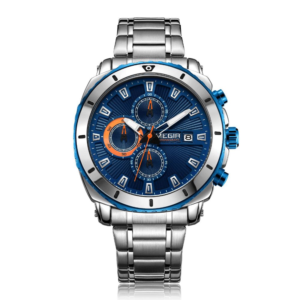 Megir Ms2075G Zakelijke Multifunctionele Kalender Chronograaf Lichtgevende Heren Waterdichte Roestvrijstalen Band Quartz Horloge