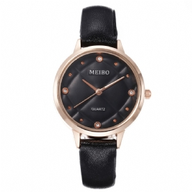 Meibo Casual Stijl Dames Polshorloge Lederen Band Kristal Quartz Horloges