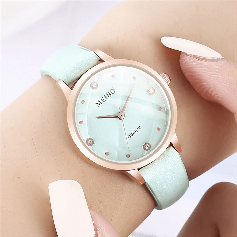 Meibo Casual Stijl Dames Polshorloge Lederen Band Kristal Quartz Horloges