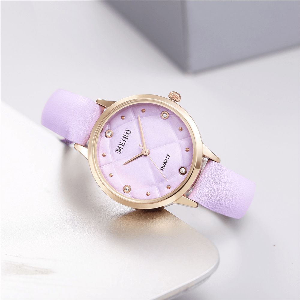 Meibo Casual Stijl Dames Polshorloge Lederen Band Kristal Quartz Horloges