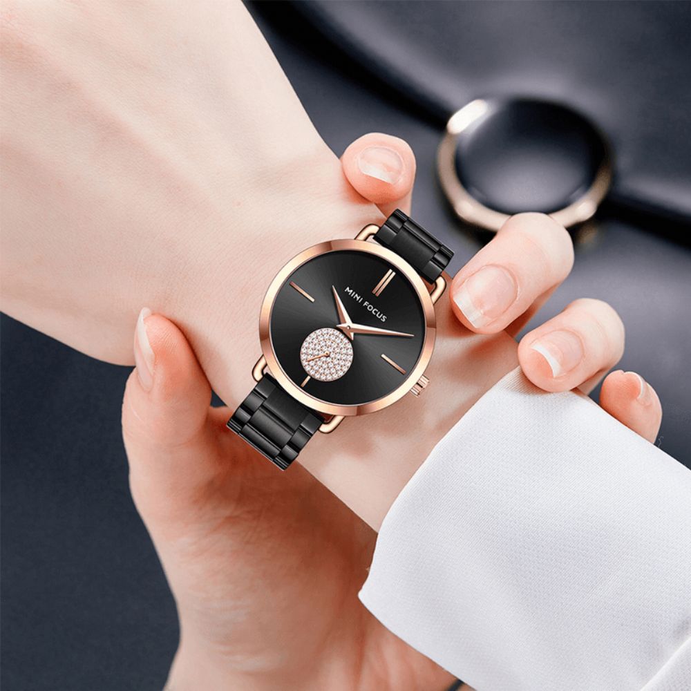 Mini Focus 0222L Casual Stijl Crystal Little Dial Dames Polshorloge Waterdicht Volledig Stalen Quartz Horloge