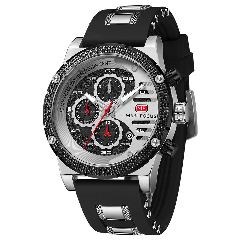 Mini Focus 0246G Sport Casual Stijl Hollow Ontwerp Kleine Kalender Wijzerplaat Lichtgevende Pointer Waterdicht Mannen Polshorloge Quartz Horloge