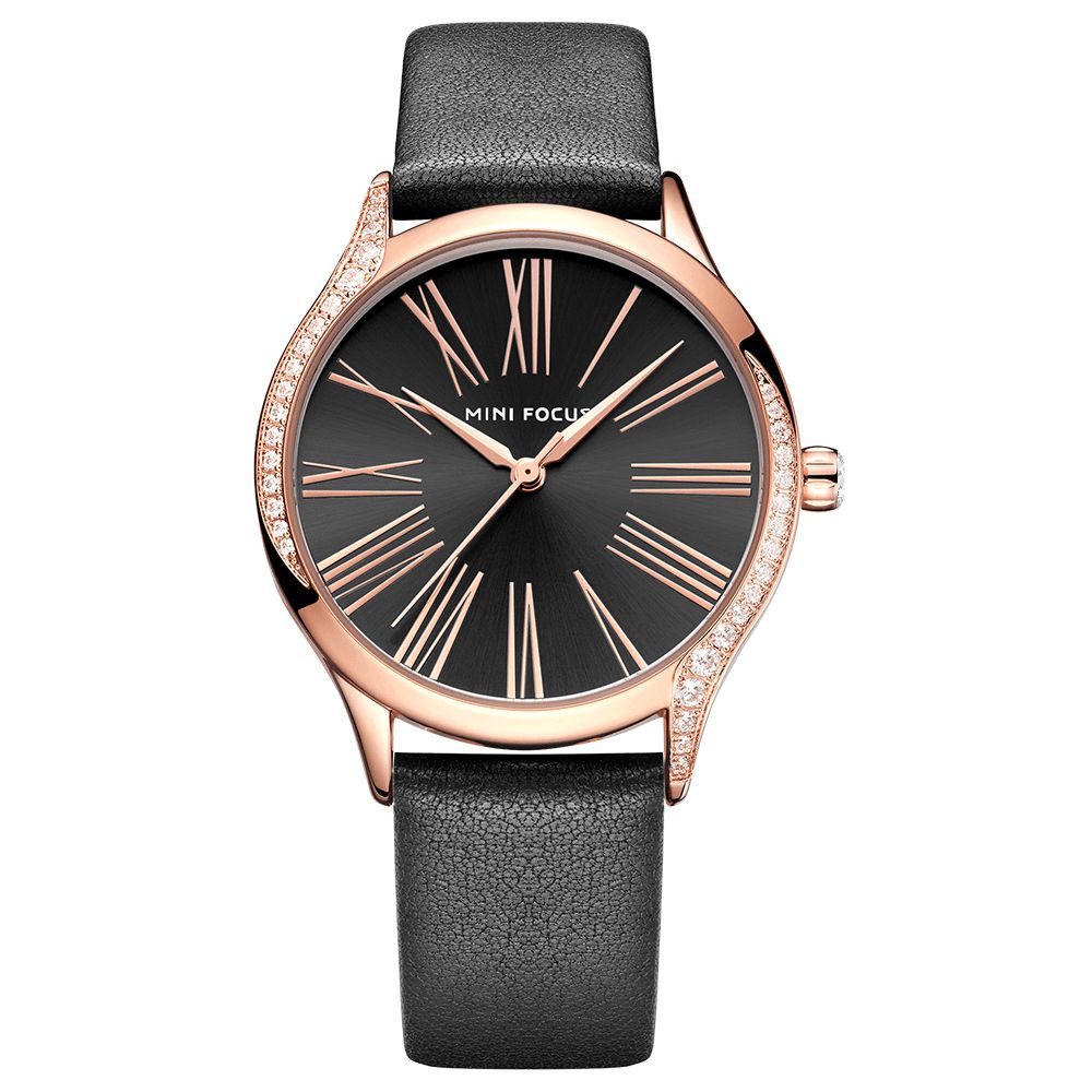 Mini Focus 0259L Casual Stijl Glanzend Dames Polshorloge Echt Lederen Band Quartz Horloge