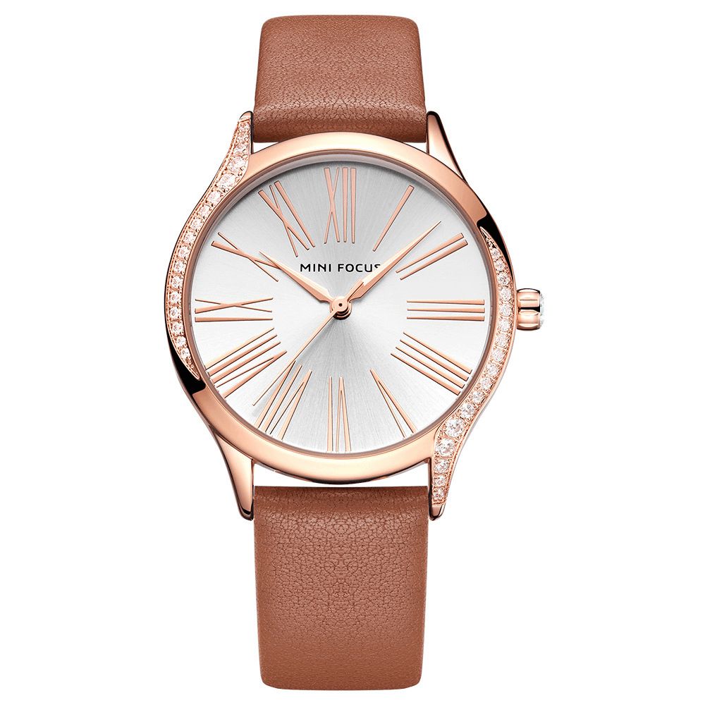 Mini Focus 0259L Casual Stijl Glanzend Dames Polshorloge Echt Lederen Band Quartz Horloge