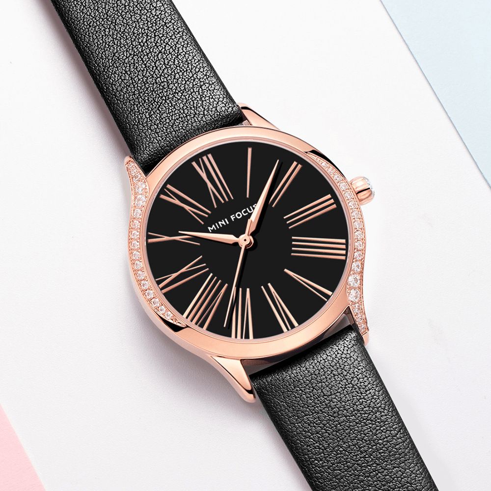 Mini Focus 0259L Casual Stijl Glanzend Dames Polshorloge Echt Lederen Band Quartz Horloge