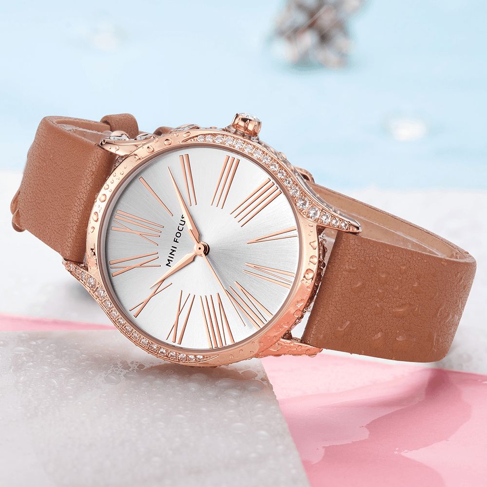 Mini Focus 0259L Casual Stijl Glanzend Dames Polshorloge Echt Lederen Band Quartz Horloge