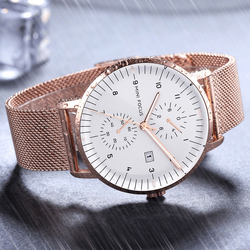 Mini Focus Mf0052G Roestvrijstalen Herenhorloge Zakelijke Stijl Werkende Wijzerplaten Quartz Horloge