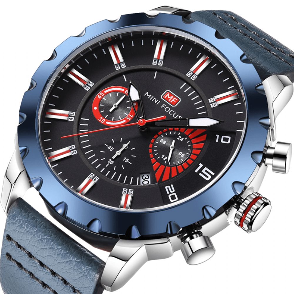 Mini Focus Mf0079G Multifunctioneel Heren Polshorloge Chronograaf Lederen Band Quartz Horloge