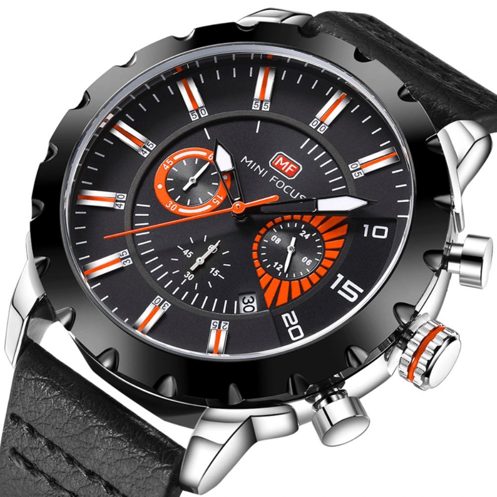 Mini Focus Mf0079G Multifunctioneel Heren Polshorloge Chronograaf Lederen Band Quartz Horloge